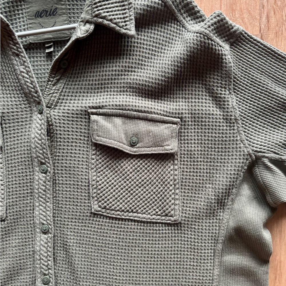 SOLD Aerie Lumber Jane Olive Green Waffle Knit Button-Up Shirt Small - Picture 2 of 4